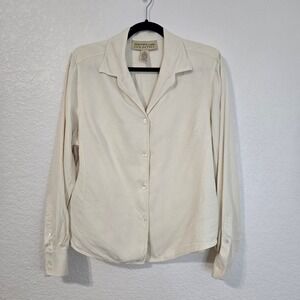 Jones New York Country Womens 14 Cream 100% Silk Twill Button Down Blouse Shirt
